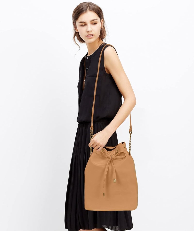 KLEIO Stylish Solid Color Bucket Sling Bag for Women - Tan Faux Leather - Image 5